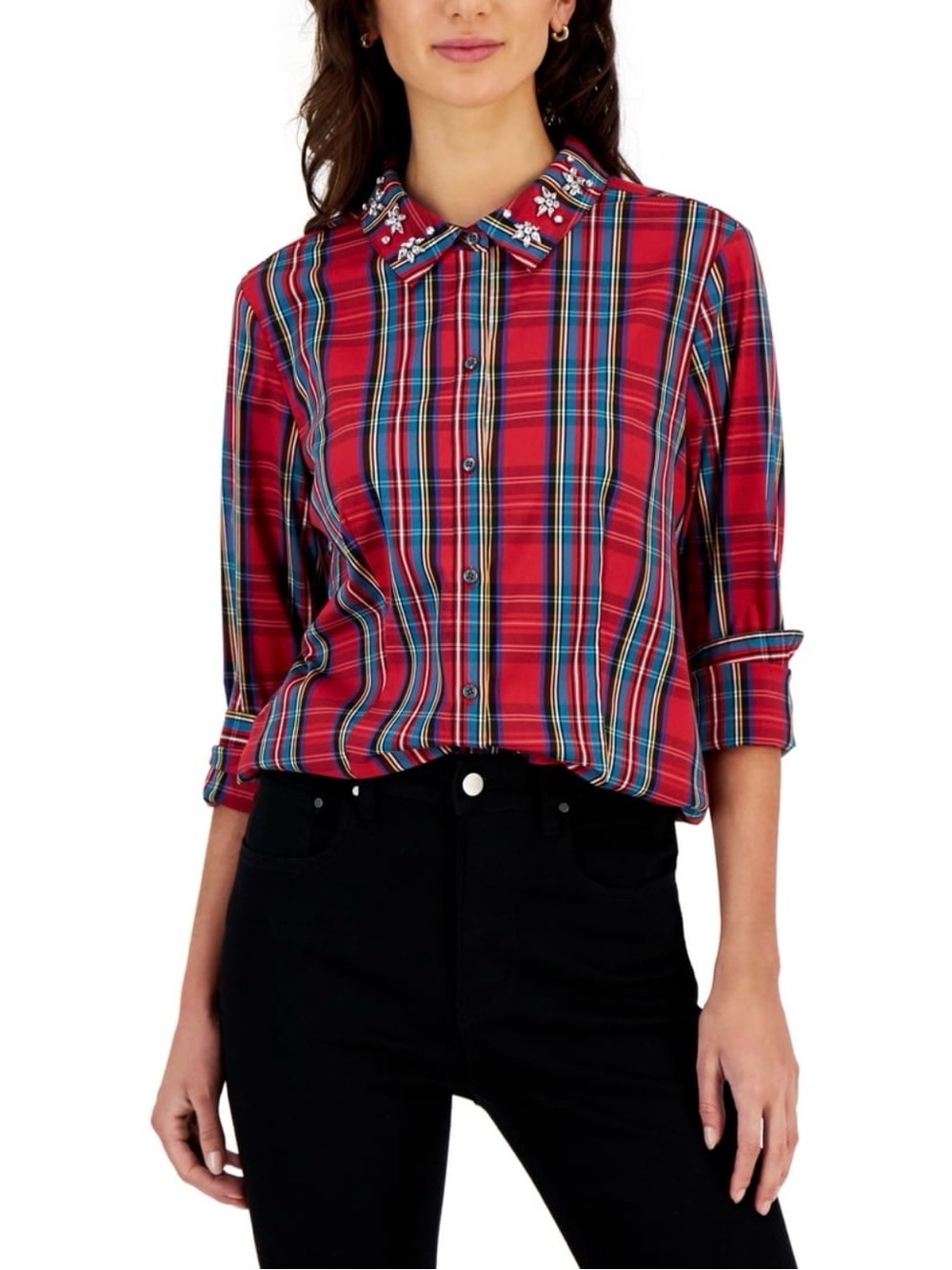 Charter Club Red Plaid Button-Front Blouse with Embroidered Collar
